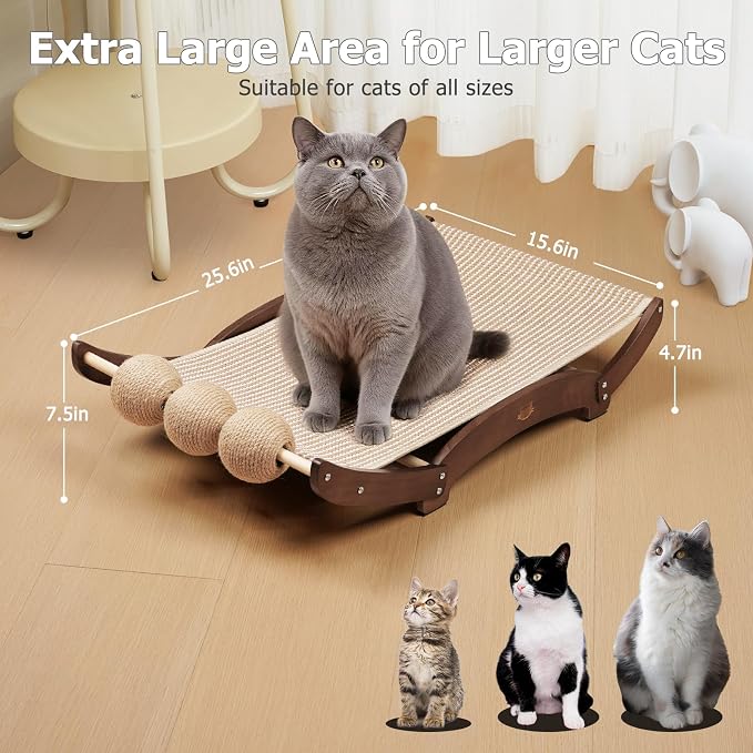 3 in 1 Sisal Cat Scratcher Bed, Solid Pine Cat Scratcher with Balls, Walnut | Extra Large Cat Scratching Post with Hammock, Cat Scratcher for Scratch & Play & Rest, Cat Furniture for Indoor Cats, Kitten - Image 3