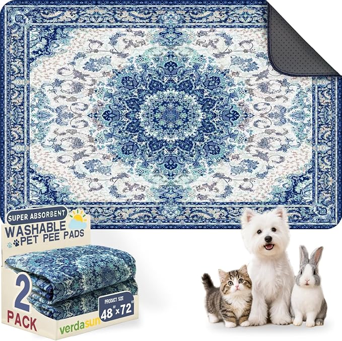 Washable Pee Pads for Dogs, Reusable Puppy Potty Training Pads, Ultra-Absorbent Thick Waterproof Leak-Proof Non-Slip Pads & Mat for Crate, Playpen, Floor, Whelping & Housebreaking , 2 Pack 48"x72" by Verdasun