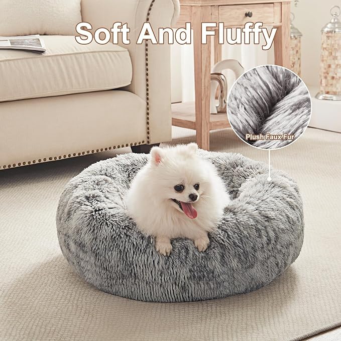 23 inches Faux Fur Fluffy Donut Dog Bed for Small Dogs,Dark Grey | Calming Plush Round Puppy Pet Bed with Removable & Washable Cover,Fits up to 25 lbs Pets - Image 4