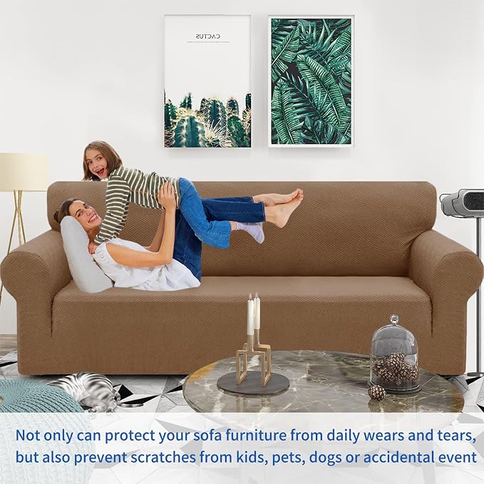 ZNSAYOTX 1 Piece Jacquard Couch Covers for 3 Cushion Couch Living Room High Stretch Sofa Cover Pets Dogs Friendly Anti Slip Thickened Slipcovers Furniture Protector (Large,New Pattern Light Coffee) - Image 2