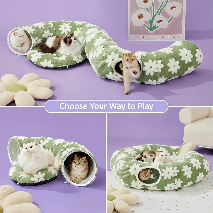 Lesure Donut Cute Jacquard Large Cat Tunnel Bed Kitten Toys for Dog Bunny | 39.5x39.5x10in,Round Large Cat Bed Tube for Multi Kittens,Pet Peekaboo Cave Toy,Spiral Hideaway,Washable Cushion,Green - Image 2