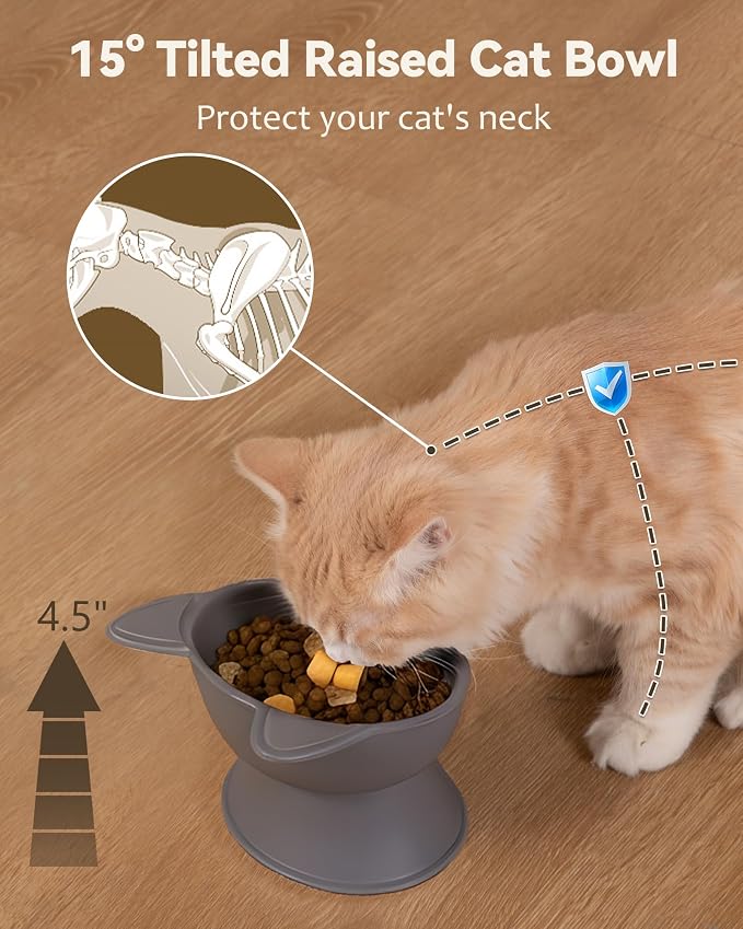 MateeyLife Raised Cat Bowls, Cat Food Bowl Elevated for Kittens & Small Dogs, 15°Tilted Protect Pets' Neck and Anti Vomiting, Whisker Friendly Food & Water Feeding Bowl, 6 oz Each - Gray - Image 2