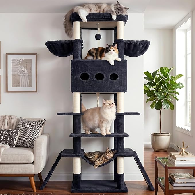 Cat Tree, 78.7'' Tall Tower with Extra Wide Top Platform GCT804G | Multi-level Cat Furniture for Indoor Cats, Cat House with Dual Scratching Boards, Big Condo, 2 Baskets & Hammock, Light Gray - Image 9