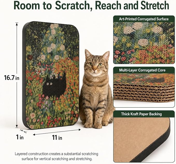 Cat Wall Scratcher, Art Cat Scratching Board for Indoor Cats | Wall Mounted Cat Scratch Pad, Water-Based Ink, Hook&Loop Strips, Floor or Wall Use, 16.7x11x1 Inch, Flower Garden - Image 2