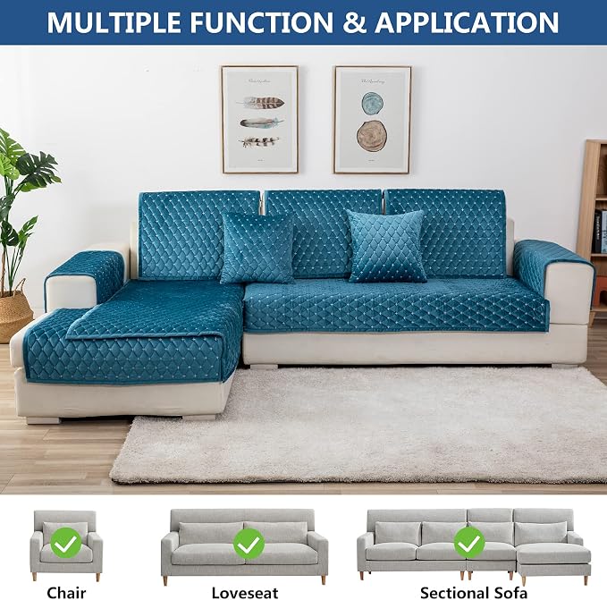 Eismodra Couch Cover,Sectional Couch Covers,Sofa Covers for 3 Cushion Couch,Anti-Slip Sofa Slipcovers for Dogs Cats Kids Loveseat Recliner L Shaped Armrest Backrest,Blue 36''x82''(Only 1 Piece) - Image 2