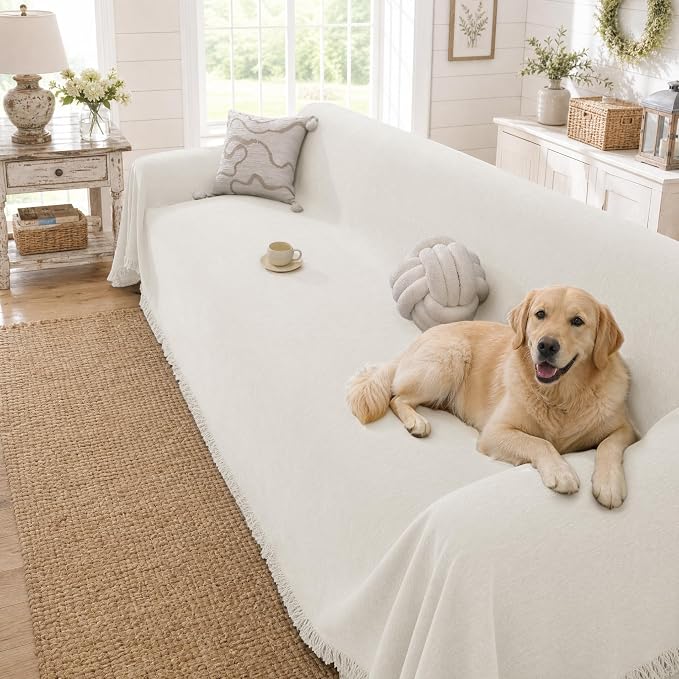Chenille Couch Cover for Dogs Washable Boho Throw Blanket Washable | 71"×118",Beige White, Soft Chenille, Tassel Design, Pet Friendly, Furniture Protector, for Couch, Sofa, Bed, Living Room by YSTELLAA