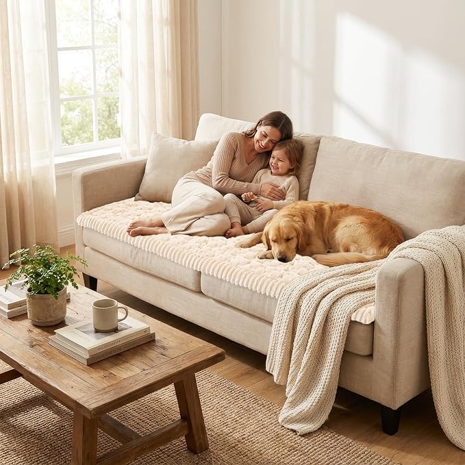 Smiry Non Slip Couch Covers for Dogs, Scratch Resistant Pet Sofa Protector | Machine Washable Soft Fuzzy Thick Furniture Cover for Sofa Loveseat Sectional Large Dogs, Cream, 27.6" x 47" - Image 5
