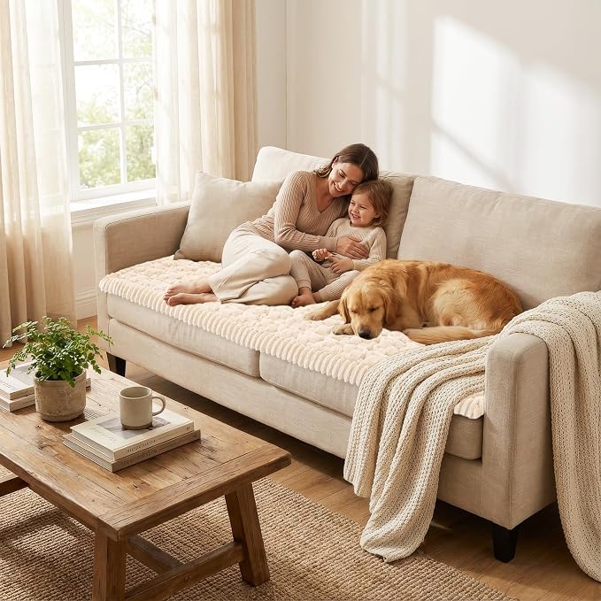 Smiry Non Slip Couch Covers for Dogs, Scratch Resistant Pet Sofa Protector | Machine Washable Soft Fuzzy Thick Furniture Cover for Sofa Loveseat Sectional Large Dogs, Cream, 27.6" x 70.9" - Image 5