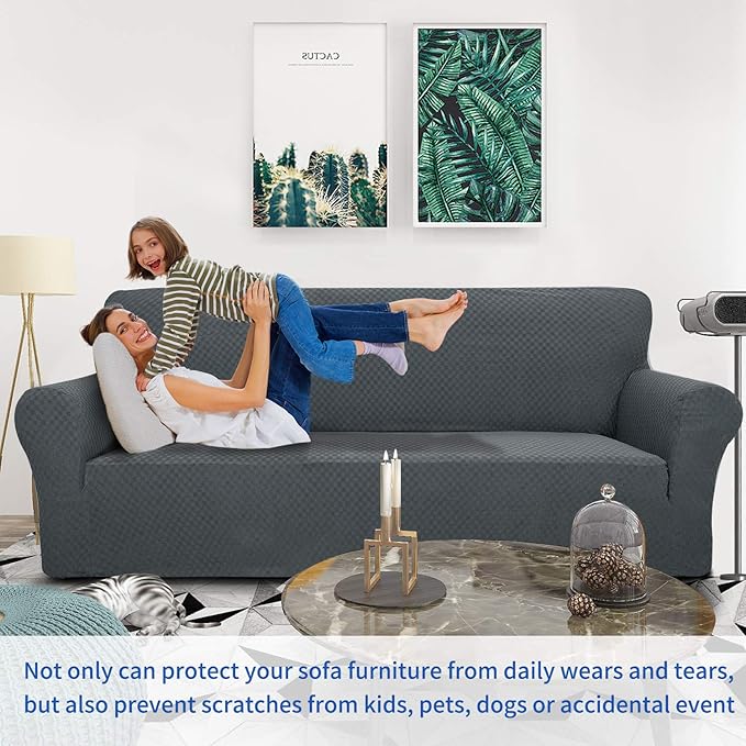 ZNSAYOTX 1 Piece Jacquard Couch Covers for 3 Cushion Couch Living Room High Stretch Sofa Cover Pets Dogs Friendly Anti Slip Thickened Slipcovers Furniture Protector (Sofa, Dark Grey) - Image 2
