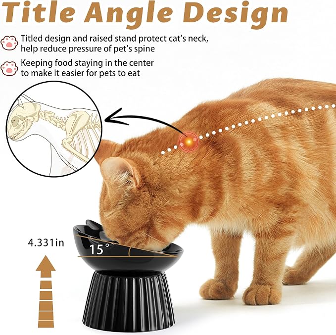 Ceramic Raised Cat Bowl，Tilted Raised Bowl Anti Vomit for Indoor Cats Whisker Friendly Pet Feeder for Cats Puppies, Microwave and Dishwasher Safe (Black) - Image 6