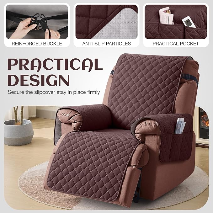 KinCam 100% Waterproof Recliner Chair Covers Washable, 25", Coffee | Anti Slip Reclining Couch Covers for Pets Dog, Recliner Sofa Slipcover Storage Pocket, Furniture Protector with Elastic Strap - Image 5