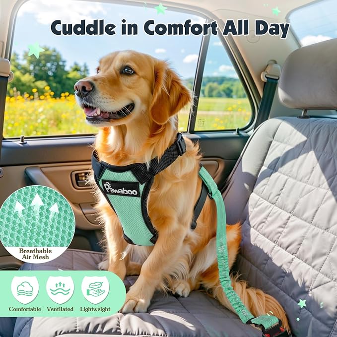Pawaboo Dog Seat Belt Harness for Car, Seatbelt Harness with 2 in 1 Buckle | Adjustable Breathable Harness for Car, Elastic Reflective Heavy Duty Dog Tether, for Small Medium Large Pets, S, Blue Light - Image 6