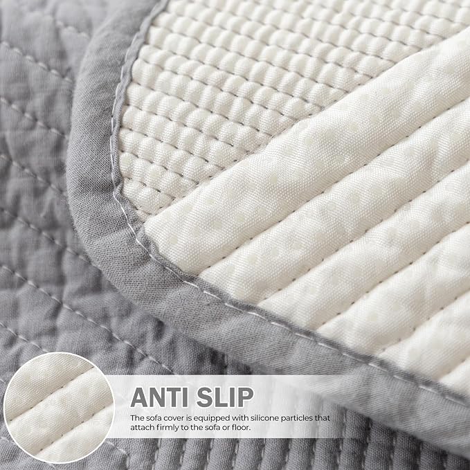 vctops Cotton Quilted Couch Covers for Sectional Sofa (Grey,28"x94") | Geometric Washable Non Slip Sofa Slipcover for Dogs, Children, Pets Furniture Protector Cover - Image 4