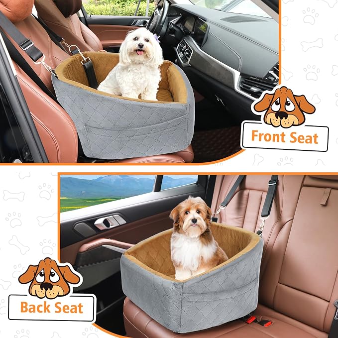 NEEZUKAR Dog Car Seat for Small Medium Dogs,Detachable Washable Dog Booster Seat Under 30lbs, Pet Car Seat Travel Bed with Storage Pockets and Dog Safety Belt(Grey/Brown) - Image 6