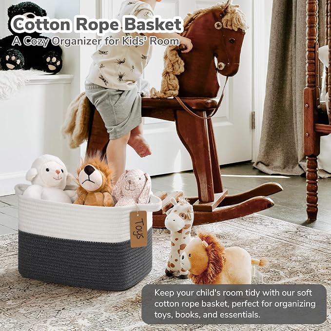 Goodpick Woven Rope Storage Basket for Shelves, Rectangle, Dark Gray | 13" × 10" × 9" Stylish Gift Basket for Home Decor, Cotton Rope Baskets for Baby Toys, Books & Towels Storage, Writable Label - Image 2
