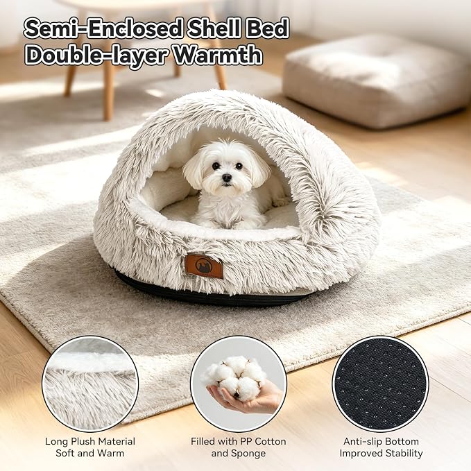 YooxArmor Round Covered Cat Bed Cave Dog Bed for Small Medium Pets,Brown,S | Cozy,Washable,Windproof,Hooded Cat Bed Cave,Self Warming Anti-Anxiety House with Fluffy Cover - Image 2