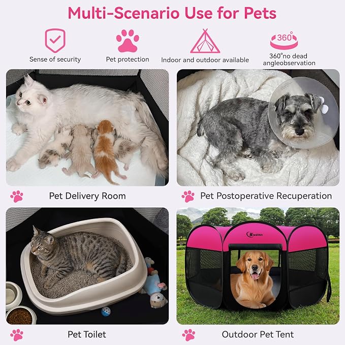 Siedihit Dog Cat Playpen, Large Puppy Pet Playpen, Dog Crate Tent Cage | Indoor/Outdoor, Portable Pop Up Dogs Kennel Playpen with Carrying Case for Dogs/Cats/Rabbits, Hot Pink - Image 4