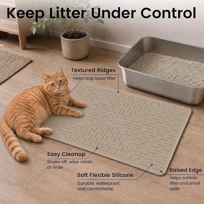 Cat Litter Mat, 23.5x16 Silicone Trapping Mat Beige | for Kitty Litter Box, Easy Clean, BPA Free Rubber, Center Litter Collection, Easy Pour-Back, Waterproof, Odor-Resistant - Image 2