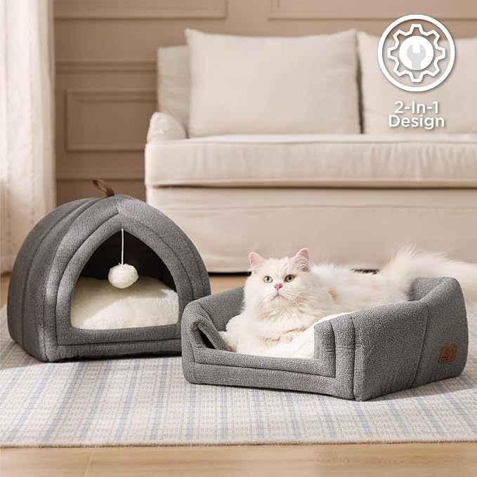 Bedsure 2in1 Cat Beds for Indoor Cats Cave for Kitten with Washable Pillow | 16in, Cat House for Small Pet, Covered Cat Tent, Foldable Hideaway, Fluffy Ball, Anti Slip Bottom, Removable Cushioned ,Navy - Image 3
