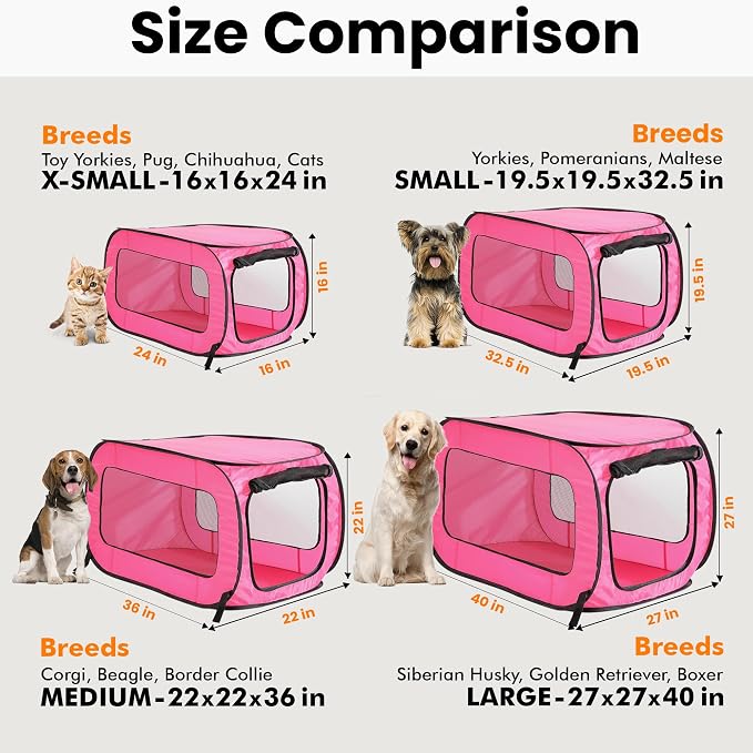 Portable Collapsible Pop Up Kennel, 32.5" L x 19.5" W x 19.5" H, Fuchsia | Collapsible indoor/outdoor travel cat and dog crate with mesh screen windows pops up and folds flat for easy storage - Image 3
