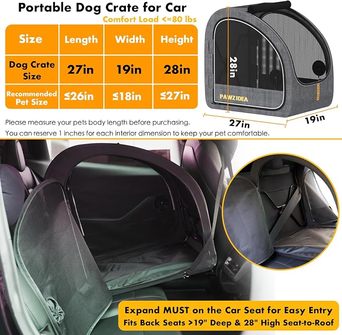 PAWZIDEA Portable Dog Crate for Car Travel, Medium & Large Dogs Up to 80lbs | Soft-Sided Dog Car Kennel for Backseat, Secures Seatbelt & Headrest Strap, Collapsible Enclosed Car Seat Carrier, Chew-Proof - Image 2