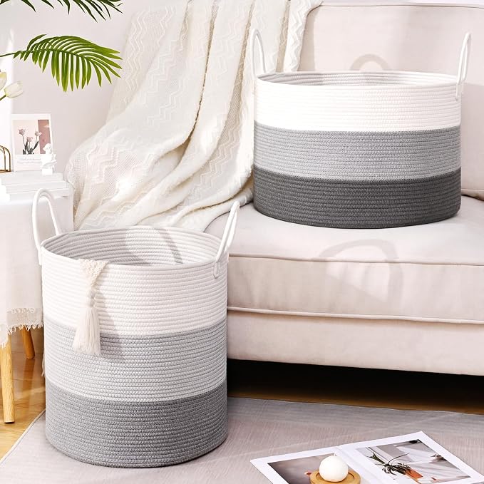 Laundry Hamper for Organizing, 52L Large Laundry Baskets, Cotton Rope Woven Blanket Basket, Collapsible Laundry Hamper for Living Room, Nursery, 15"×18", Gray - Image 3