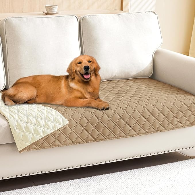 Smiry Waterproof Reversible Pet Couch Covers for Dogs | Pet Friendly, Soft Fabric, Washable Sofa Furniture Protector for Dogs Cat Kids, Checkered (30"x90", Camel/Beige) by Smiry