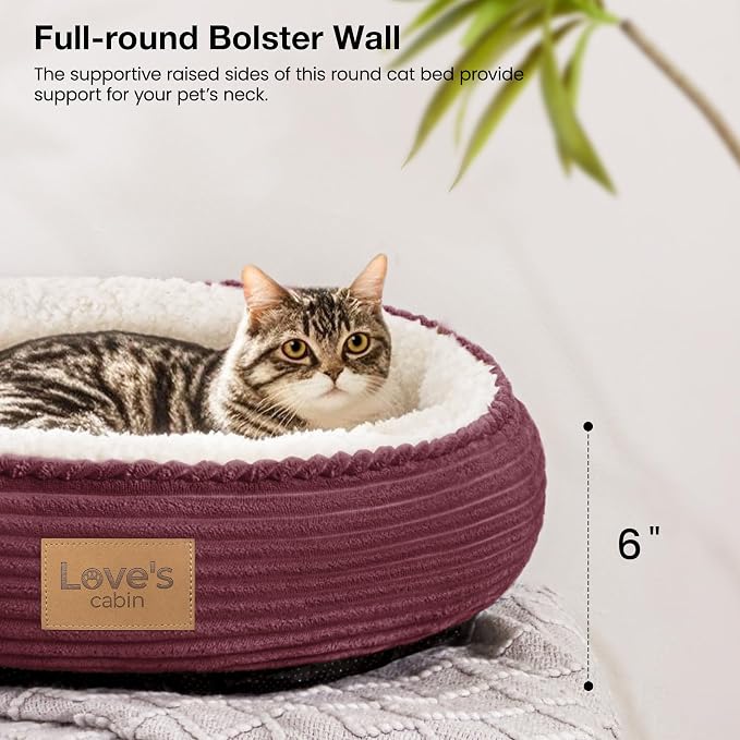 Love's cabin Round Donut Cat and Dog Cushion Bed, 20in Pet Bed for Cats or Small Dogs, Anti-Slip & Water-Resistant Bottom, Super Soft Durable Fabric Pet beds, Washable Luxury Bed Burgundy Stripe - Image 5
