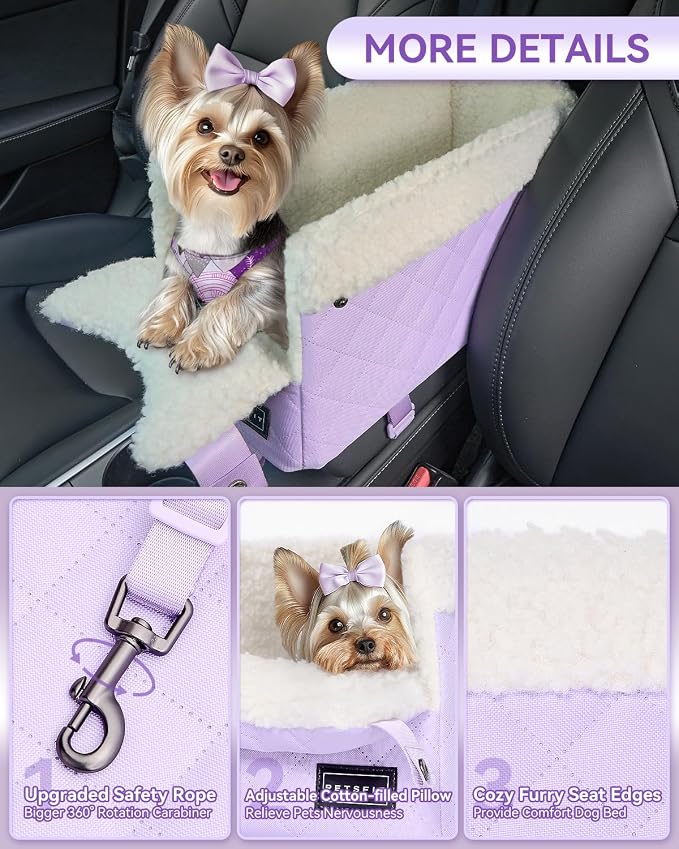 PETSFIT Cat Car Seat with Dual Adjustable Seat-Rail Anchor Hooks | Anti-Collapse Leather Dog Console Car Seat with Safety Tether, Washable Cushion, Soft Pillow for Pets Under 8 lbs, Purple - Image 8