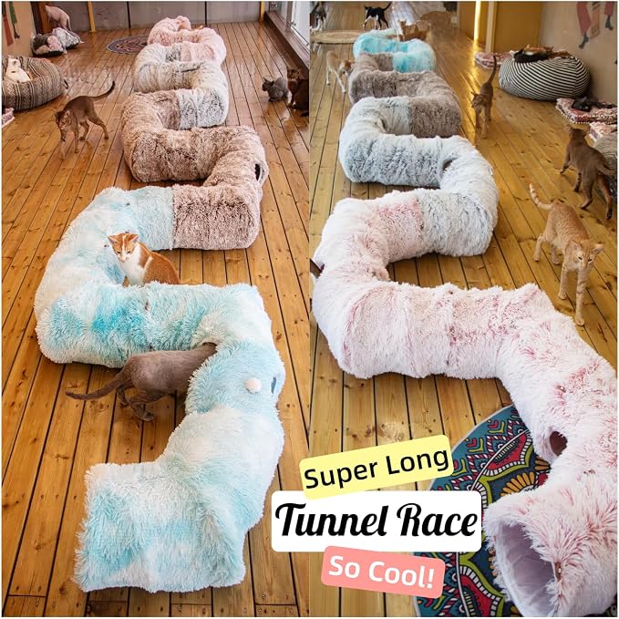 XxingSheep 4 Cave Shuttled XL Cat Tunnel Bed for Indoor Cats Peekaboo Toy Donut with Warm Mat, White - Image 4
