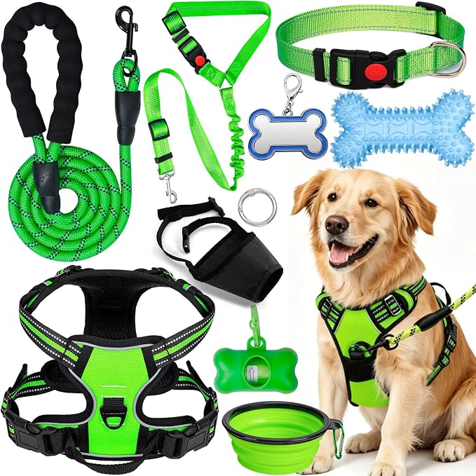 No Pull Dog Harness Adjustable Collar & Leash Set - Dog Halter Harnesses Collapsible Bowls & Poop Bag Dispenser Muzzle ID Tags Toys Fits Small Medium Large Dogs (Green-L) by Unknown