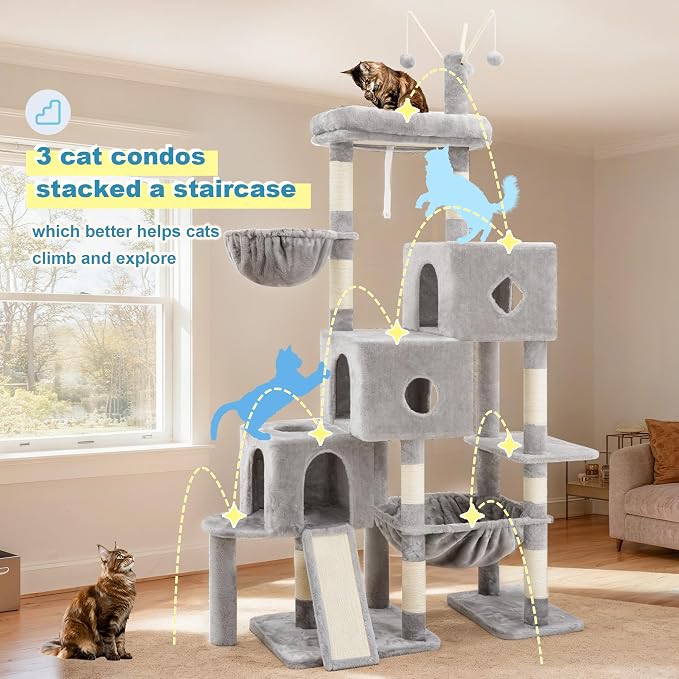 Hey-brother Cat Tree Tower with 3 Condos, Step Climbing Pathway MPJ081W | 74.8 Inches Scratching Post with 3 House, Hammock, Large Basket, Cozy Bed, Sisal Board, Toys for Big Indoor Cats, Light Gray - Image 3