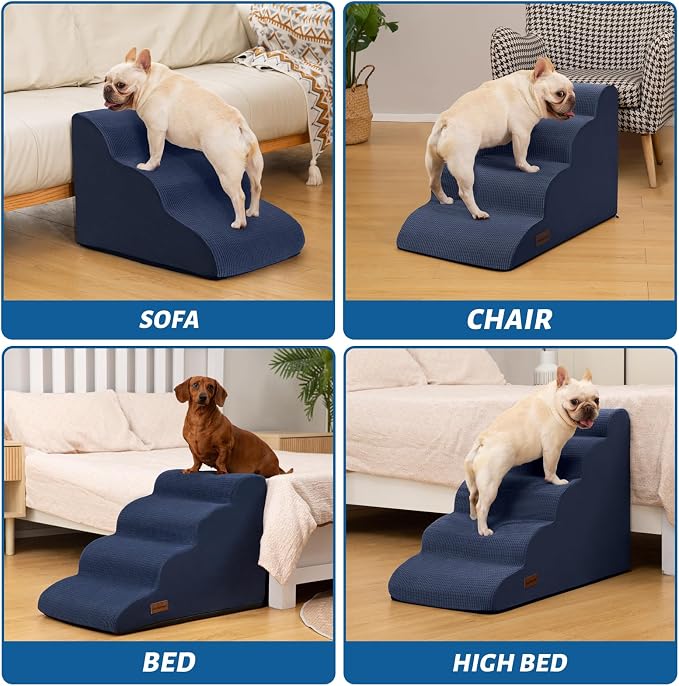 Aodisman Dog Steps for Bed or Couch,4-Step Pet Stairs Ramp for Small Dogs | 17.4" H Indoor Non-Slip Dog Stairs Help Senior Dogs,Short-Legged Breeds,Puppies and Cats to Reach Beds and Chairs,Grey,Blue - Image 3