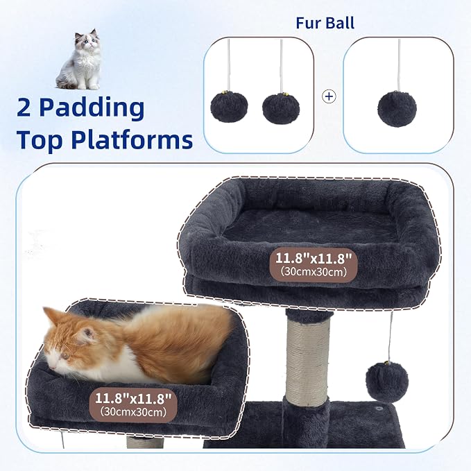 Cat Tree Tower Multi-Level with 2 Scratching Boards, GCT022G | 55.1 inch Cat Condo House with Hammock for Indoor Cats, 2 Plush Padding Platforms, Basket, Scratching Post, Toys, Dark Gray - Image 4