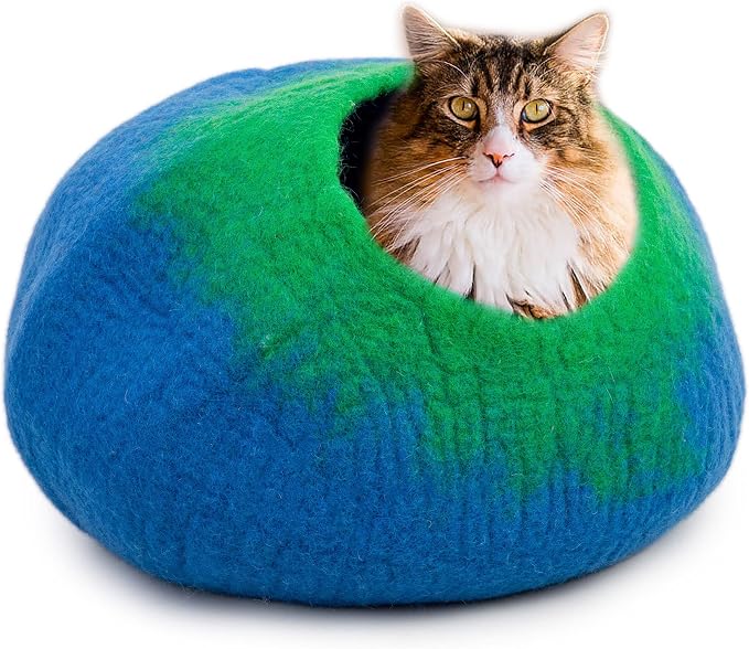 Luxurious Merino Wool Cat Cave - Foldable Hideaway Pod for Indoor Cats - Premium Felt Kitten Pet Enclosure - Covered Cat House for Ultimate Cozy Comfort by Woolygon (Blue Green) by Woolygon