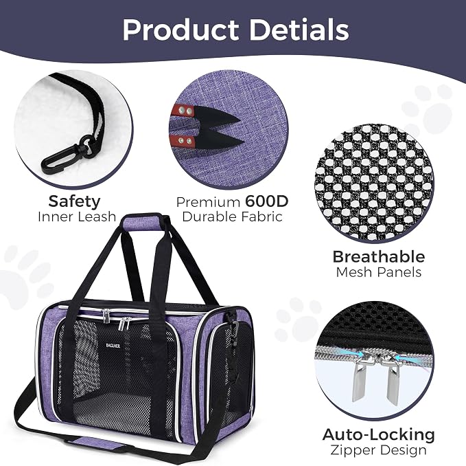 BAGLHER Pet Travel Carrier, Cat Carriers Dog Carrier for Small Medium Cats Dogs Puppies, Airline Approved Small Dog Carrier Soft Sided, Collapsible Puppy Carrier, Purple - Image 5