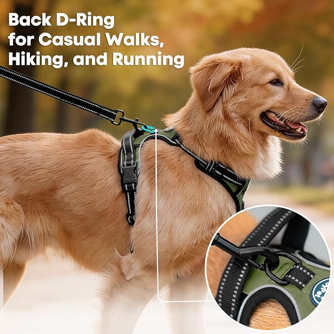 PoyPet No Pull Dog Harness Large, Reflective Vest with Front Clip & Handle | Easy On/Off, No Choke, Adjustable, 2 Leash D-rings, Soft Padded, Breathable, Oxford, for Walking Training, L, Military Green - Image 3