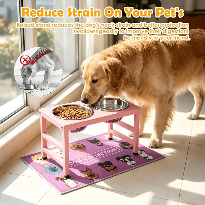 Raised Dog Bowl Stand 10 Inch Tall, Elevated Pet Feeder with 2 Stainless Steel Bowls (1700ml/58oz) & Anti-Spill Silicone Mat for Large Dogs, Stable Metal Frame Feeding Station, Pink - Image 2