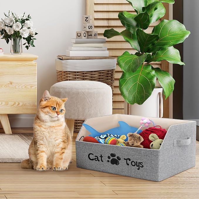 2X Thicker Large Cat Toy Bin Collapsible Cat Toy Box Sturdy Cat Toy Basket Kitten Toy Storage Bed for Organizing Cat Toys Treats Clothes and Accessories (Grey) - Image 6