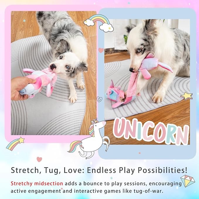 lilfrd Pink Unicorn Squeaky Dog Toy, Crinkle Plush Tug Toy for Dogs | Tug of War & Pull Toys, Energy Release, Fits Small Medium Large Dogs - Image 5