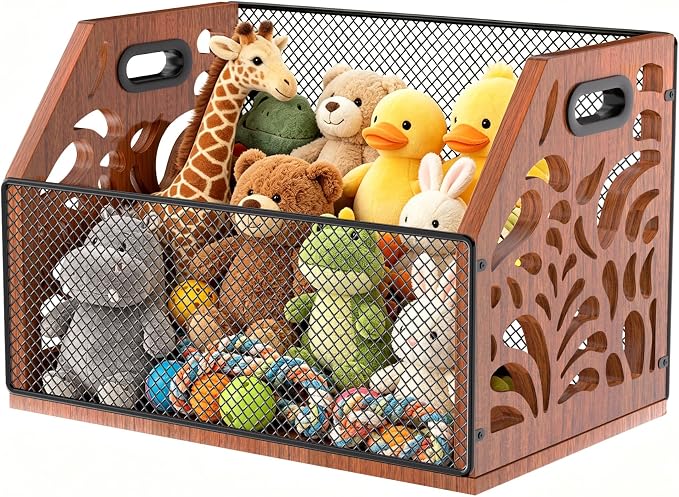 Wooden Mesh Dog Toy Storage Bin with Handles for Pet Supply & Toys | Large capacity holds plush toys, balls, leashes & treats. Clear scattered clutter effortlessly and keep your home tidy. by AHUONEL