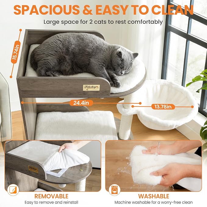 44.8in Modern Wood Cat Tree Tower for Indoor Large Cats with Perch | Multi-level Big Platforms, Sisal Scratching Posts, Cozy Hammock, Washable Pads, Ideal for Windows and Corners, Greige - Image 3