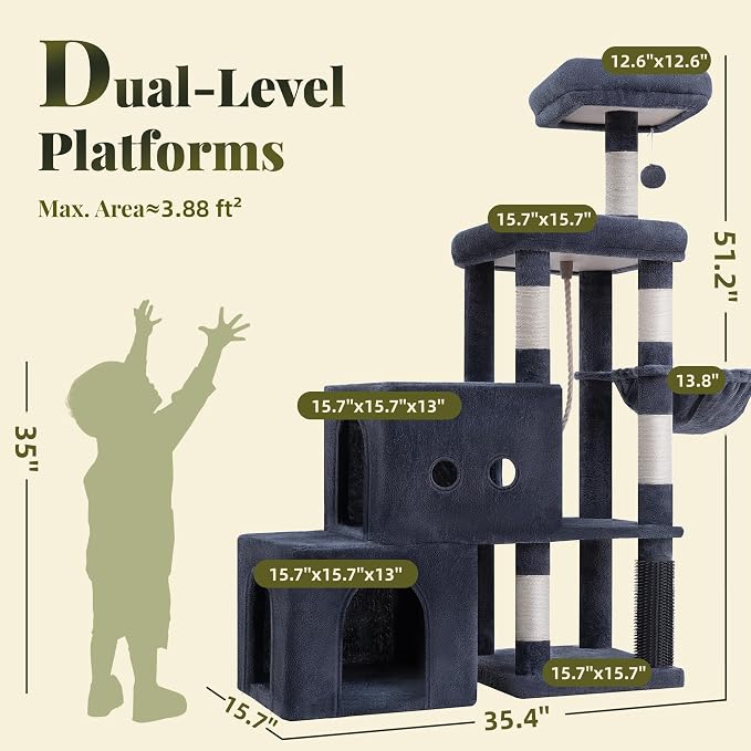 Hey-brother Cat Tree Tower with Steped Climbing Condos, Platforms, MPJ061G | 51.2 Inches Scratching Posts with 2 Spacious Condos, Self-Grooming Brush, Cozy Basket, Balls for Indoor Cats, Smoky Gray - Image 2