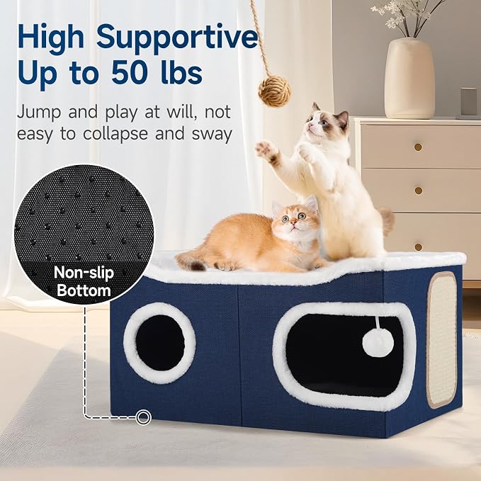 Shikha Extra Large Cat House Bed for Multi Cats with Scratch Pad Blue | 24 x 17.7 x 12.6 IN Widen Cat Cave Cube for Multi Pets, Foldable, Arc-Edge Design, Oval Door, All Seasons Reversible Cushion - Image 4
