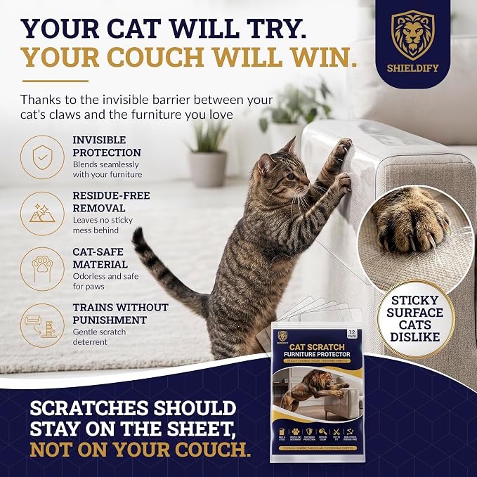Cat Scratch Furniture Protector Sheets – Sticky Double-Sided Clear Training Tape & Cover, Anti-Scratch Sofa, Couch, Chair & Corner Guard – Cotton, Linen & Polyester Upholstery (12-Pack) - Image 2