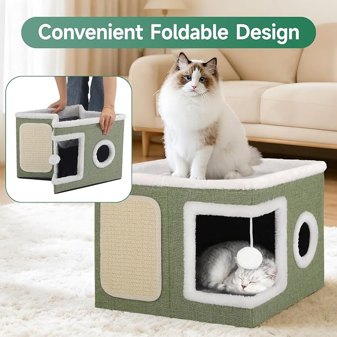 Shikha Cat House Bed for Indoor Cats with Fluffy Ball and Scratch Pad Green | Foldable Large Cat Cave Hideaway with Cozy Condo, Hide and Seek Window, Holds Up to 30LBS, All Season Reversible Cushion - Image 5