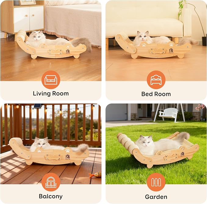 Large Sisal Cat Scratch Pad, Nartural Soild Wood Cat Scratcher Bed with Sisal Scratching Felt and 4 Balls for Indoor Cats Scratch & Lounger & Sleep (Large Size, Nature Wood) - Image 7
