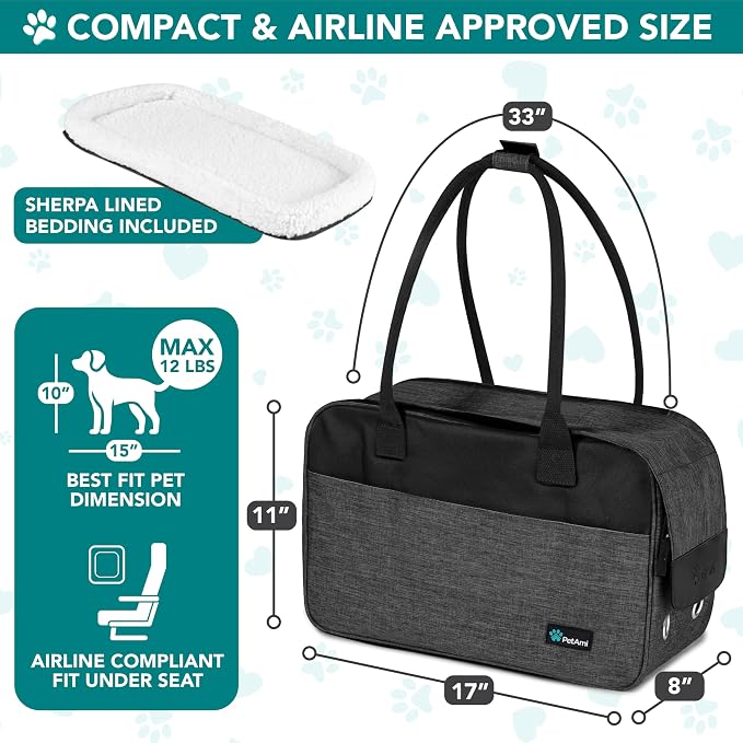 PetAmi Dog Purse Carrier for Small Dogs Cats, TSA Airline Approved Soft-Sided Pet Carrier with Pockets, Ventilated Travel Tote Bag with Bed & Shoulder Strap, Puppy Kitten, Max 12 lbs, Heather Charcoal - Image 2