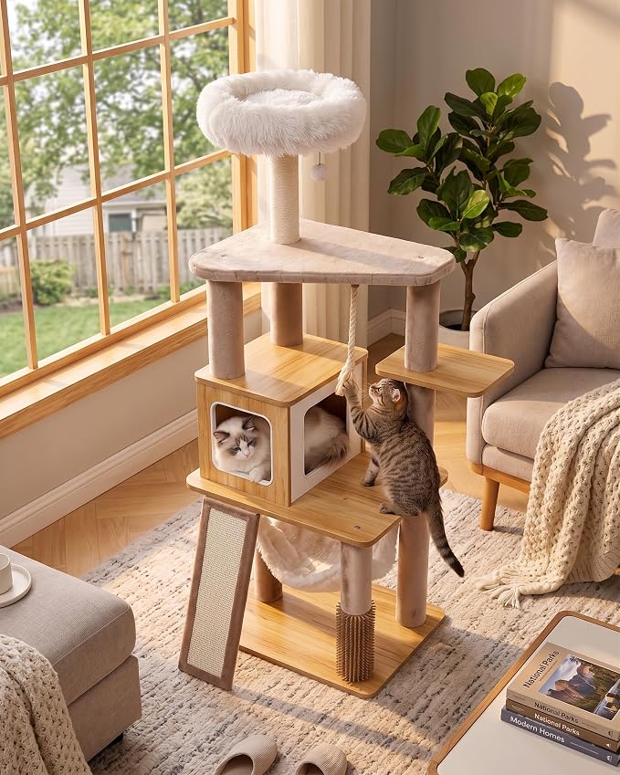 61" Wood Cat Tree Tower, Modern Cat Furniture for Indoor Cats | Engineered Wood & Plush | 61"Modern Cat Tower | 20 lbs Per Platform | Anti-Tip Base | Sisal Posts | Washable Cushions - Image 2