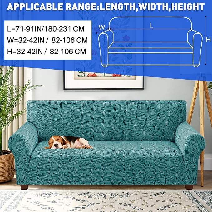 YEMYHOM 1 Piece Stretch Couch Covers for 3 Cushion Couch, Jacquard Sofa Cover with Non-Slip Elastic Bottom, Thickened Slipcover Furniture Protector for Dogs Pets (Large, Peacock Blue） - Image 2